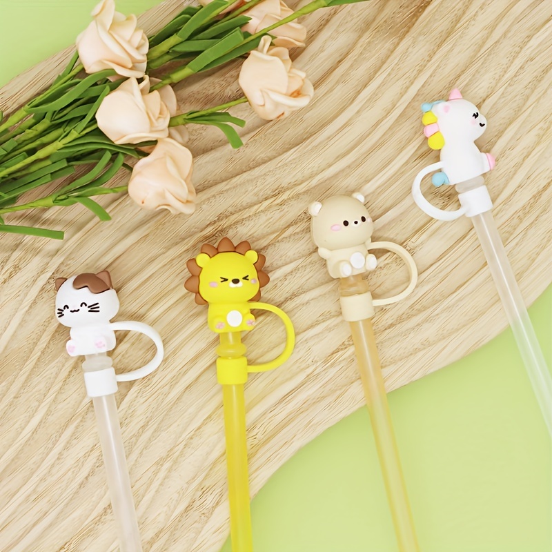 Cute Cartoon Cat Lion Bear Shape Silicone Straw Cover, Reusable