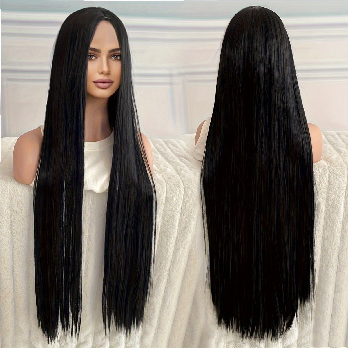 Super Long Straight Hair Wigs Black Synthetic Heat Resistant - Temu