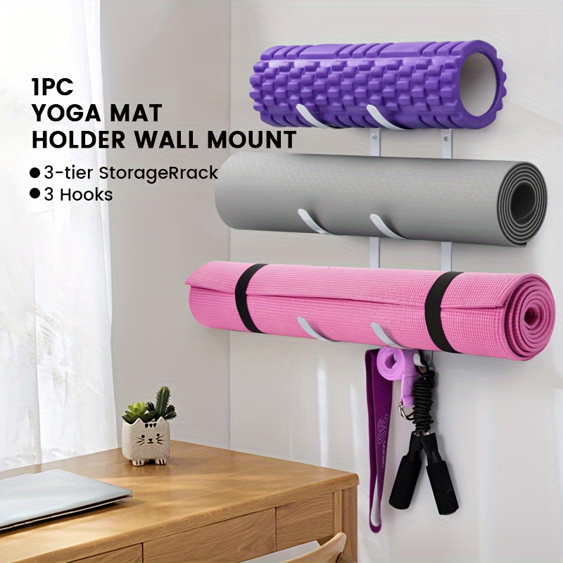 1pc Yoga Mat Holder Wall Mount, Wall Rack For Home Gym Decor, Gym Equipment  Organizer With 3 Hooks For Hanging Yoga Strap, Resistance Bands (White-Bla