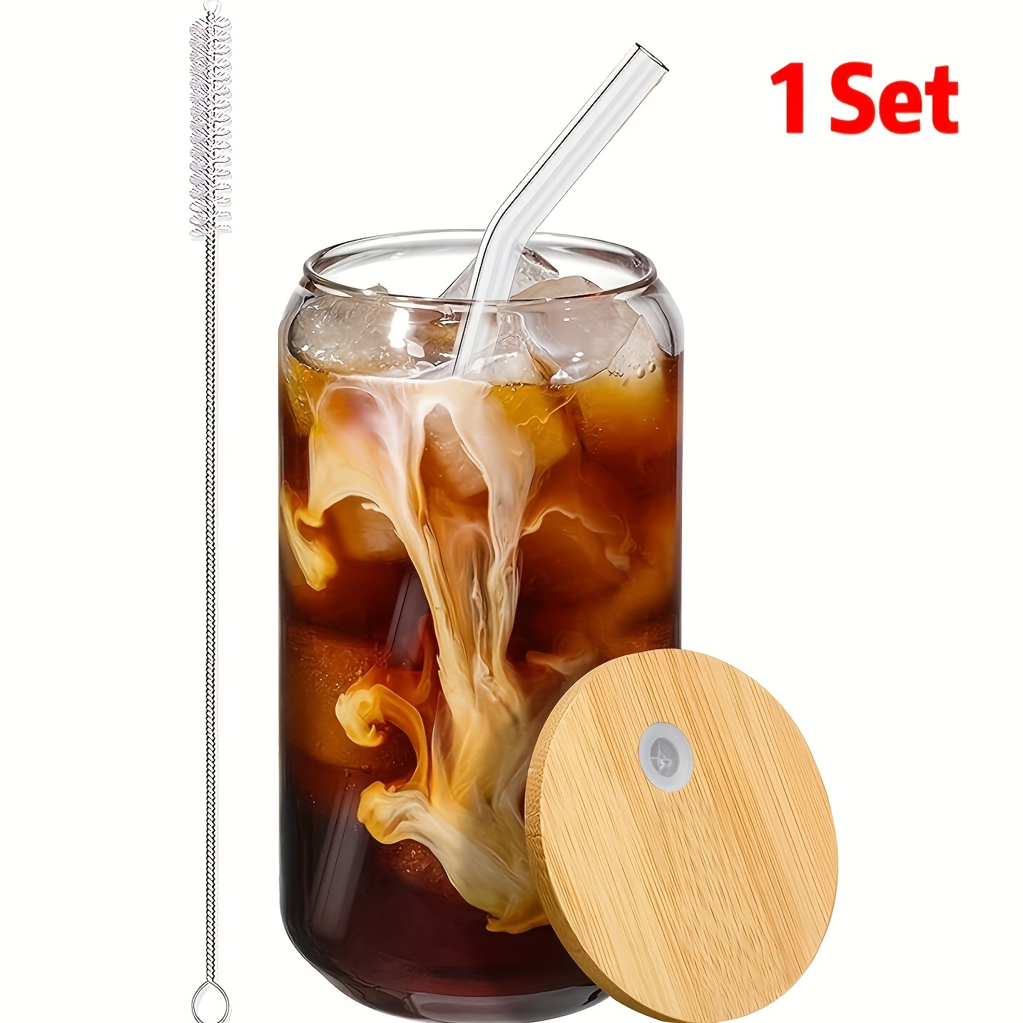 Beer Can Glass with Bamboo Lid and Glass Straw,16oz Drinking Glasses with Lid and Straw,Can Shaped Glass Cup,Iced Coffee Cup, Beer Glass,Ideal for