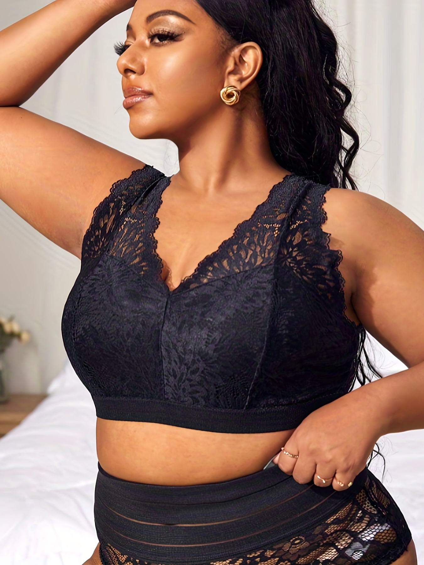 Plus Size Women Scalloped Lace Bra Embroidery Floral Bralette