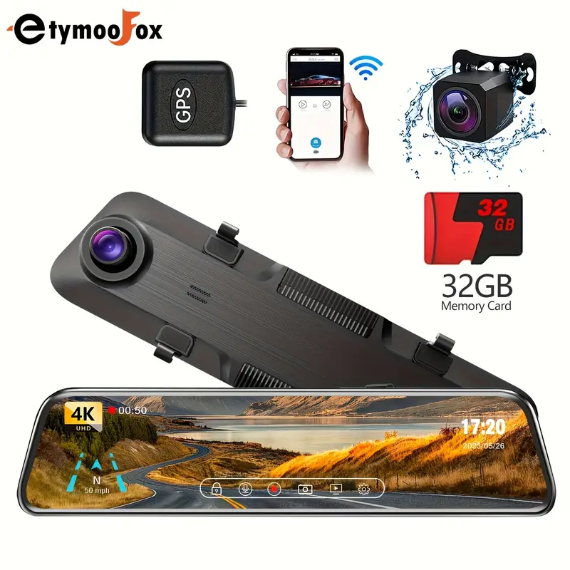 4K WiFi Mirror Car Dash Cam With GPS SD Card Rearview Dash Camera Front And  Rear, Touch Screen /G-sensor/loop Recording/parking Monitor/parking Guard