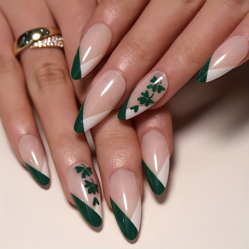 St Patrick's Day Press On Nails Almond Medium Length Green Shamrocks Fake  Nails With Lucky Green Shamrocks Designs Glue On Nails St Patrick's Day  Nail Decorations For Women Girls - Beauty &
