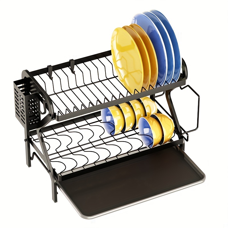 Dish Drying Rack, iSPECLE 2 Tier Dish Rack with Drainer Board with Utensil & Cup Holder, Black, Size: Small