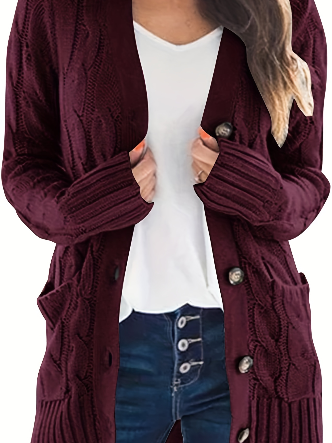 Cable Knit Button Front Cardigan Casual Solid Long Sleeve - Temu Republic  of Korea