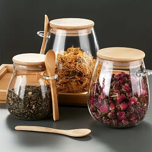4 Glass Jars With Wood Spoon for Bath Salt Spices Jelly 