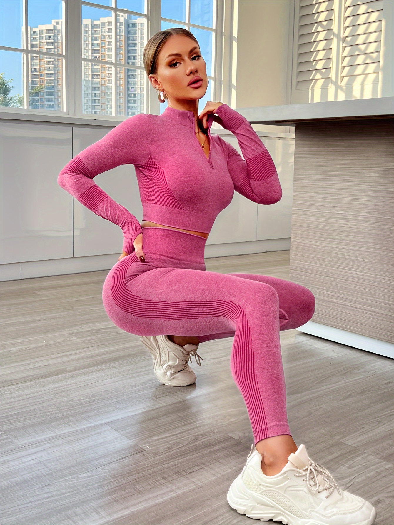 2pcs Yoga Workout Suits Long Sleeve Crop Sports Top High - Temu Portugal