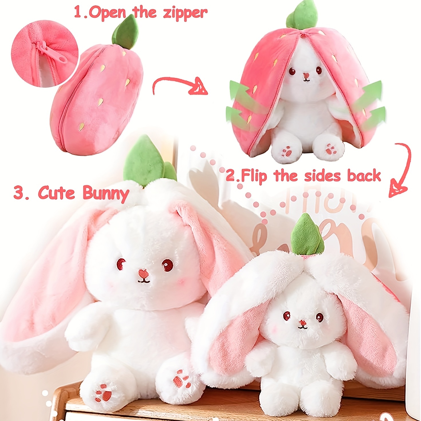 Cuddle Bunny, features ultra soft zip up teddy with bunny ear hood