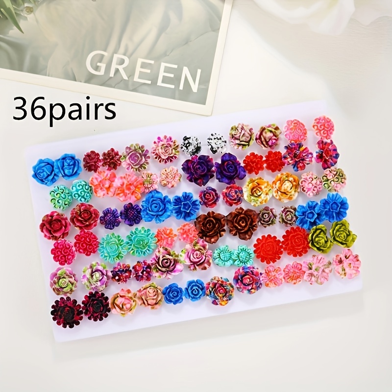 E-shop 36er-Set Bunte Rosen-Ohrstecker für Männer und Frauen, Gemischte Farben Harzblumen Kleine Ohrschmuck Geburtstagsgeschenk