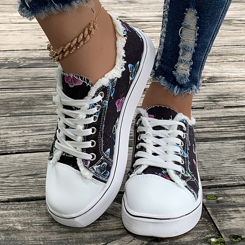 womens butterfly print canvas sneakers raw trim lace up flat skate shoes all match low top trainers 1