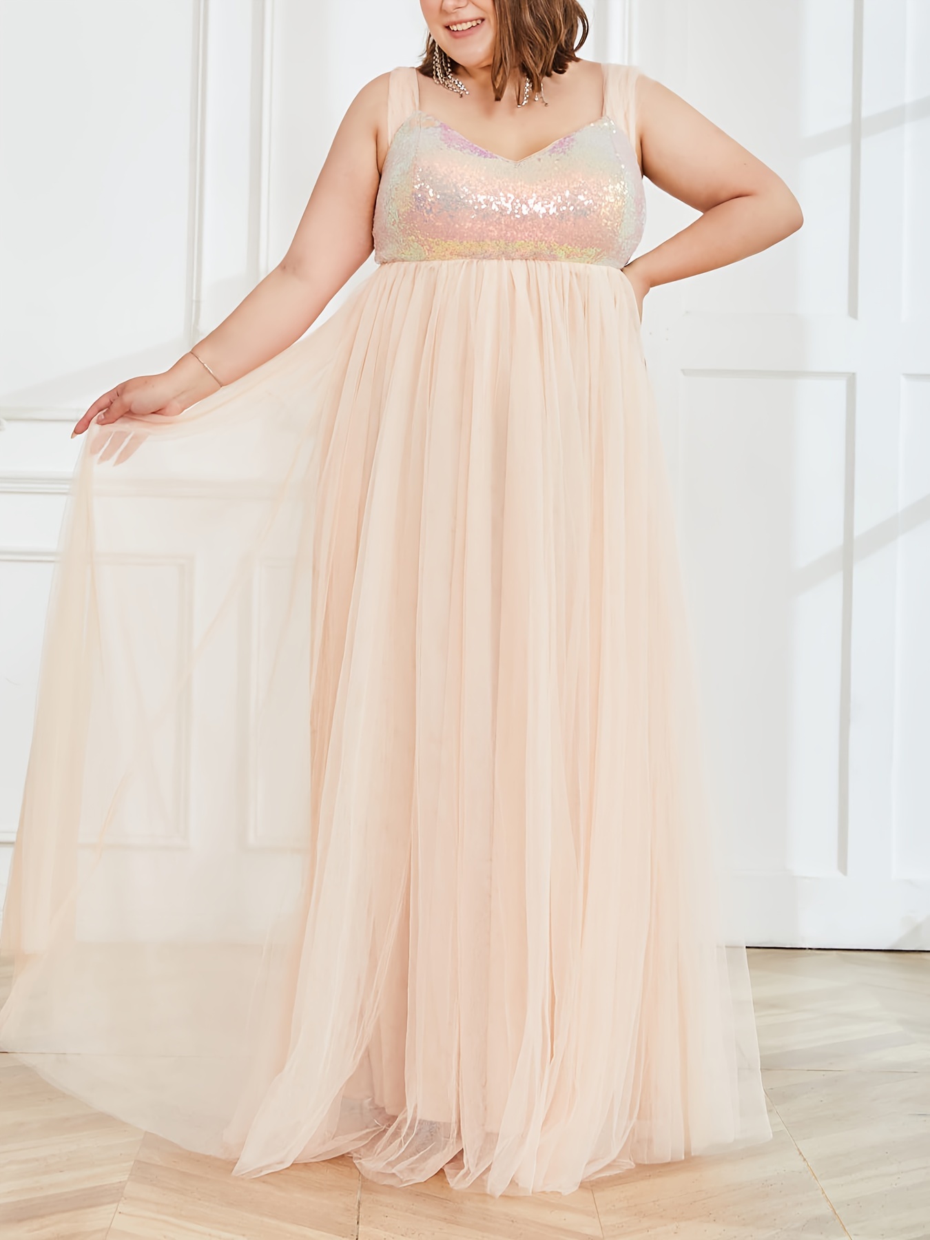 Plus Size Colorful Sequin Decor Bridesmaid Dress Elegant V - Temu