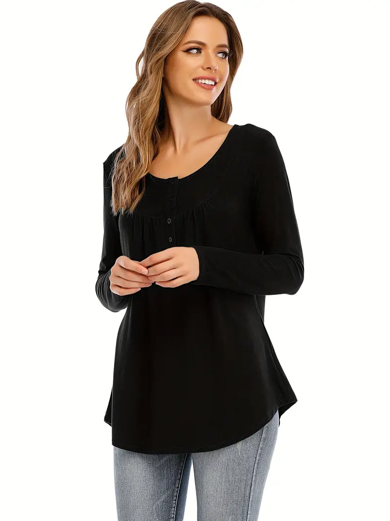 Femmes Casual Demi Bouton Col Rond Pull Top T Shirt - Temu France