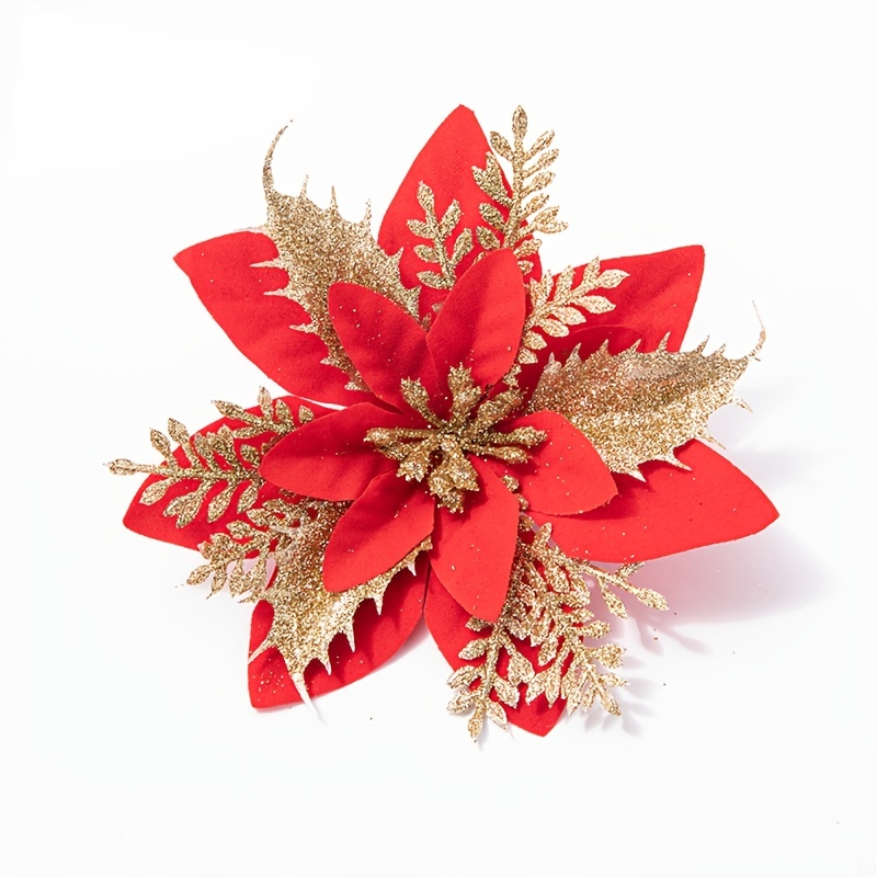 3/5/10pcs 14cm Gold Silver Glitter Poinsettia Flower Artificial Christmas  Flowers Xmas Tree Decor for Home New Year Decor Fake Flower