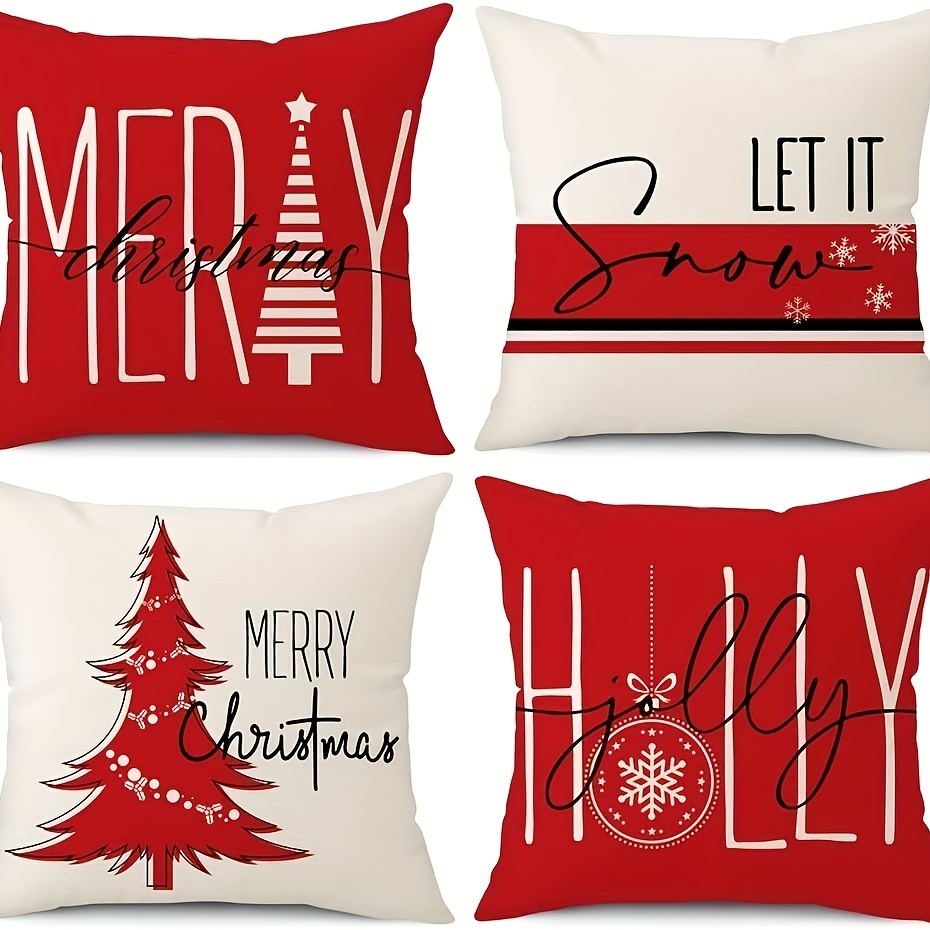 Set Of 4 Red Christmas Pillow Covers [17.7x17.7 Inches] With Reindeer,  Snowflake And Letter Print Pattern For Holiday Farmhouse Decor, Car Sofa Bed  Decoration; Home & Outdoor [pillow Core Not Included]