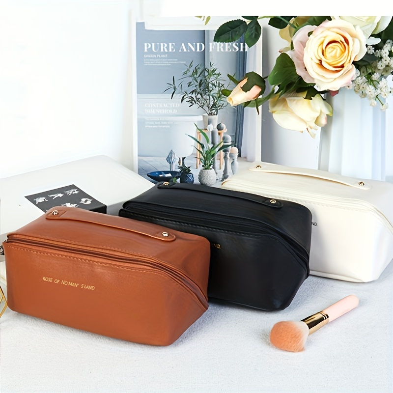 

Travel Makeup Bag, Large Capacity Cosmetic Bag For Women, Waterproof Portable Pouch Open Flat Toiletry Bag Make Up Organizer With Divider And Handle