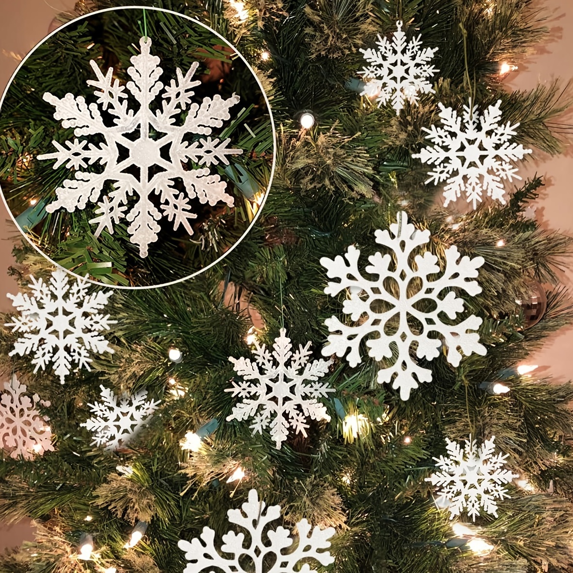 46Pcs Plastic Snowflake Ornament Christmas Glitter Snowflake Hanging Christmas  Tree Decorations with Silver Rope for Winter Decorations Tree Window Door  Accessories (Iridescent)