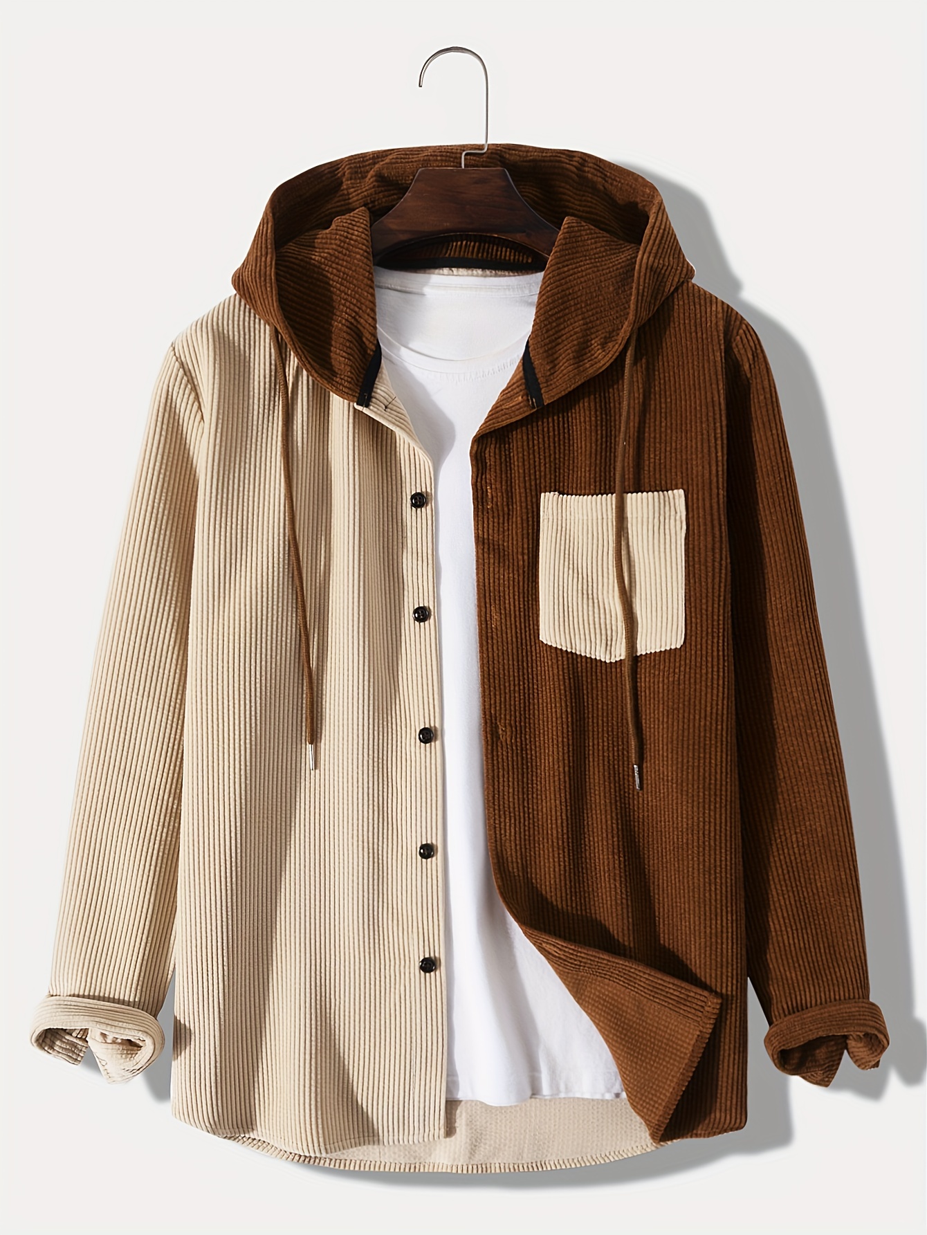 Corduroy Shirt Hooded Coat for Men Long Sleeve Hoodie, Pullover Casual Regular Fit Button Up Hooded Shirts Jacket,Temu