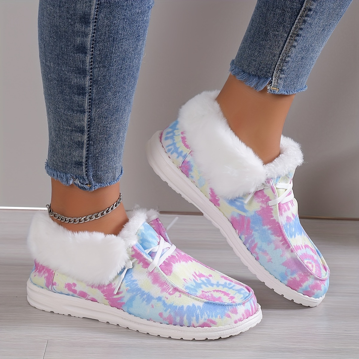 Women's Plush Lined Canvas Shoes, Tie Dye Slip On Fuzzy Snow Boots, Winter Warm Outdoor Ankle Boots