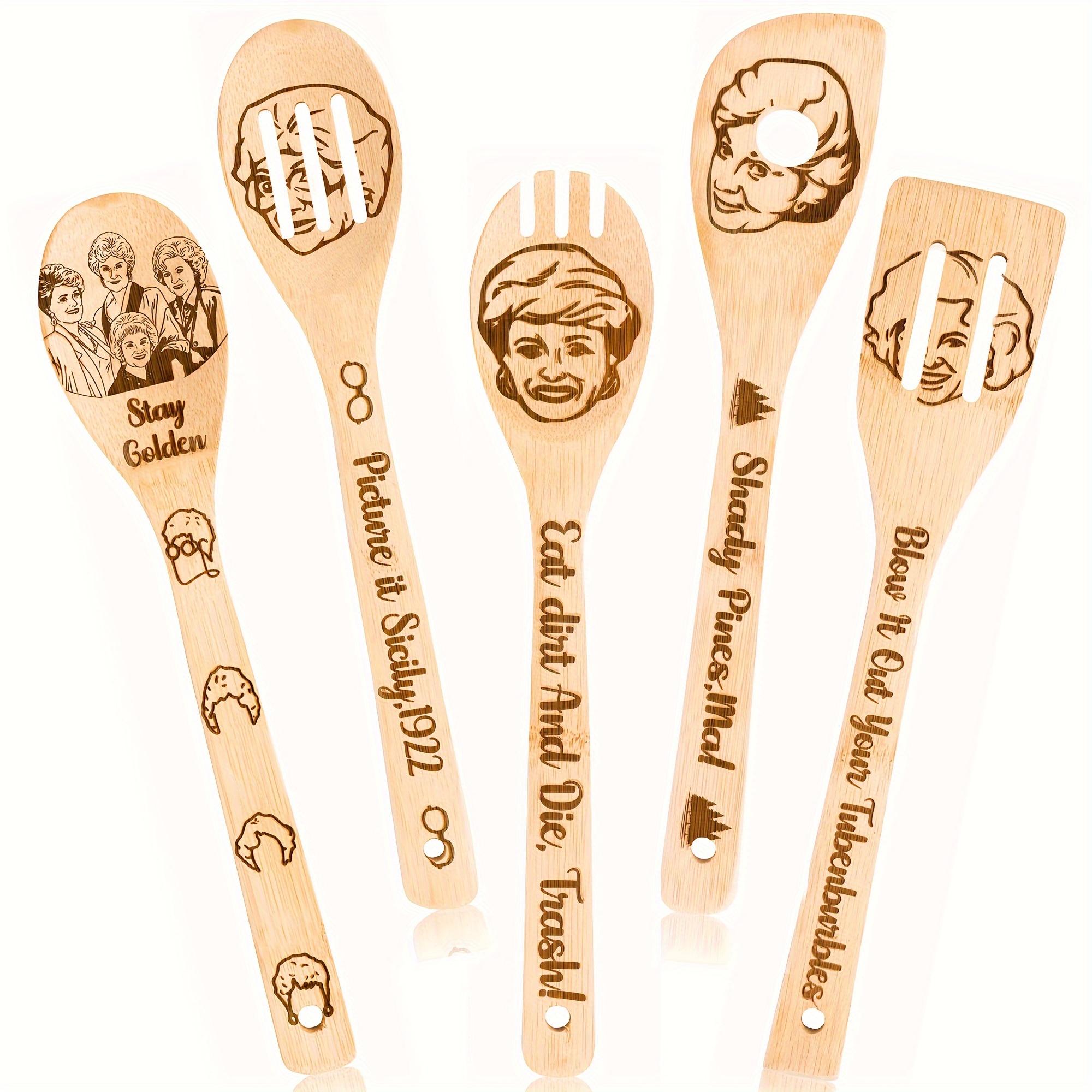 5pcs/set, Funny Wooden Spoons Utensils Set Golden Girls Merchandise Fans  Gift, Bamboo Cooking Utensils Carve Spoon Spatulas Gadgets Kitchen Home  Decor