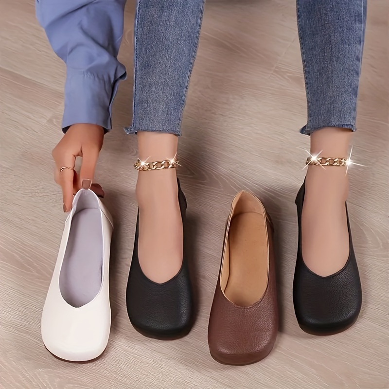 Women's Solid Color Flat Shoes, Elegant Slip On Work Shoes, Lightweight Faux Leather Shoes