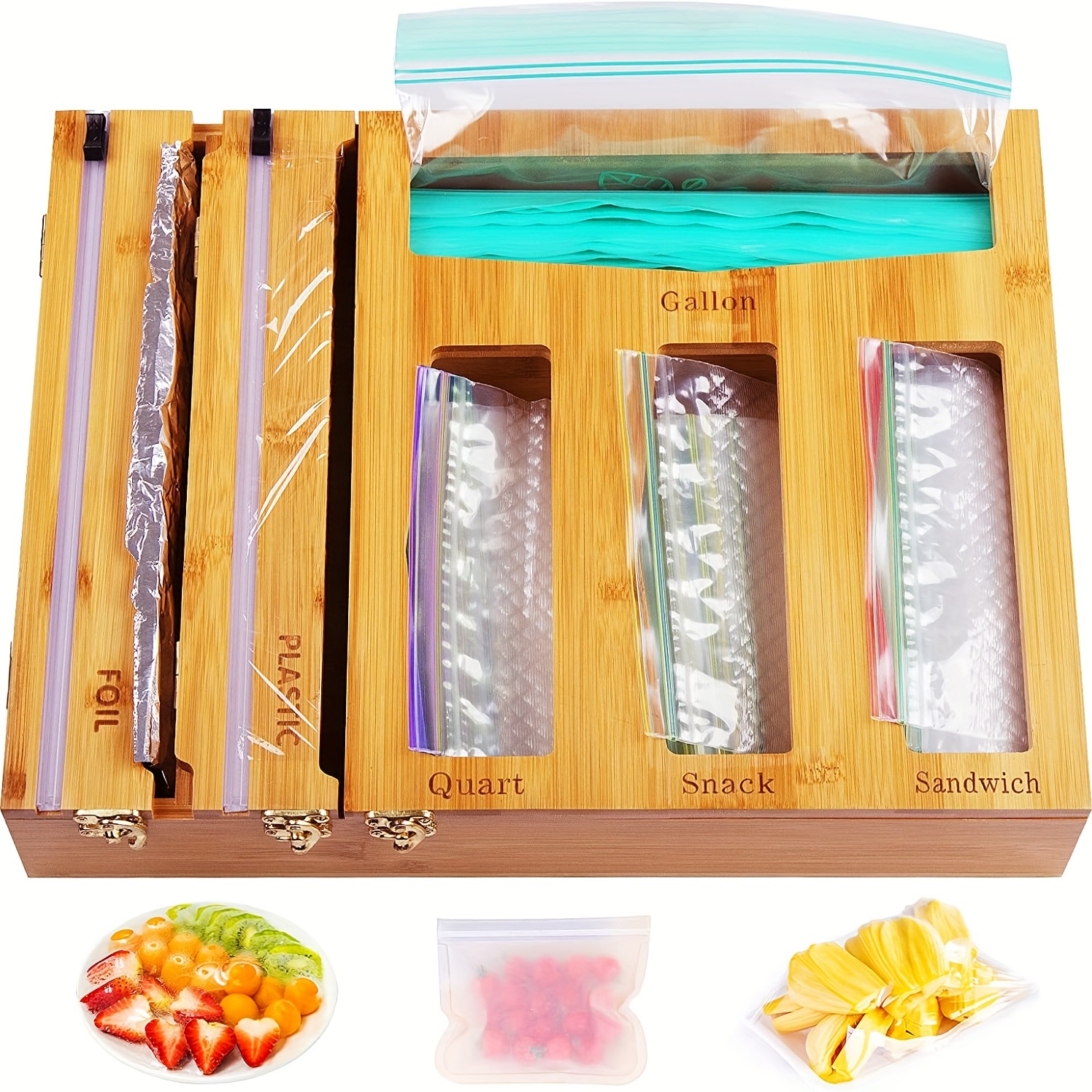 Bamboo Storage Bag With 1/2 Cutter, Foil And Plastic Wrap Organizer,  Finishing Storage Box, Ziplock Bag Storage Organizer For Kitchen Drawer,  Compatible With Gallon, Quart, Sandwich And Snack Variety Size Bag, Kitchen