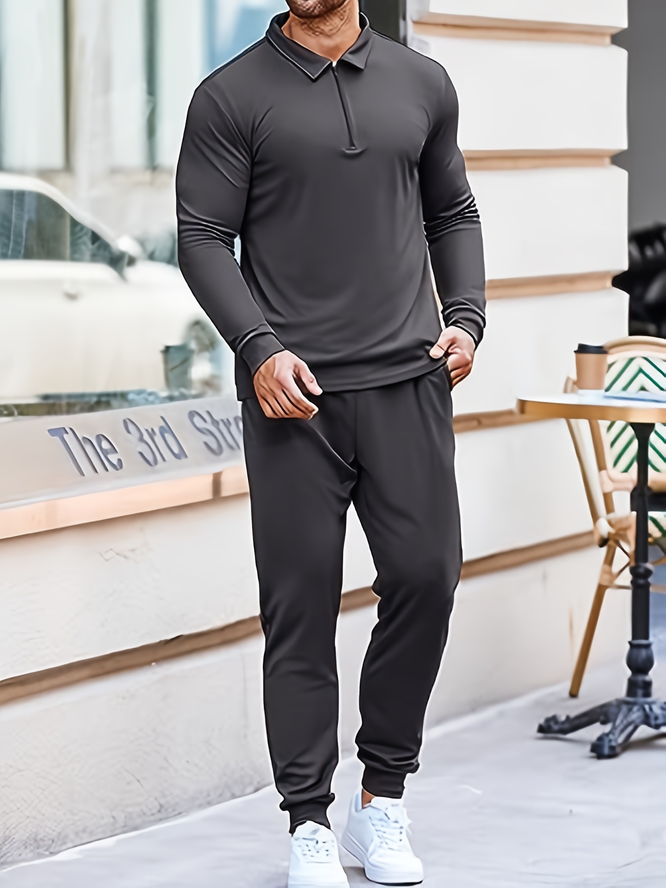 Plus Size Men's Solid Color Long Sleeve Top Sweatpants Set V