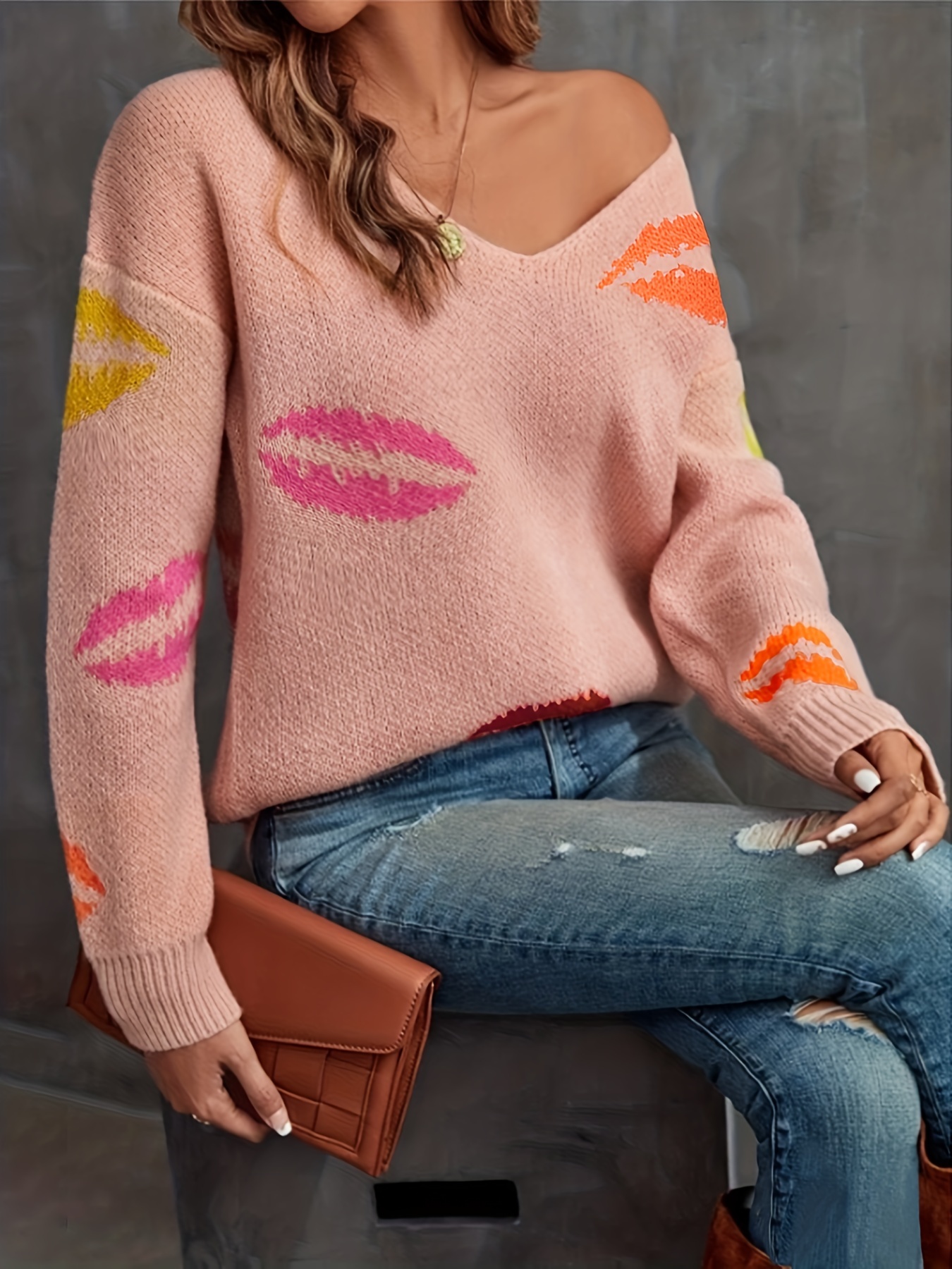 Plus Size Casual Sweater Women's Plus Kiss Print Long Sleeve - Temu