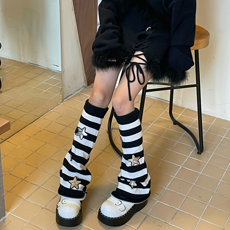 Star Print Striped Leg Warmers Jk Style Knee High Flared Leg - Temu