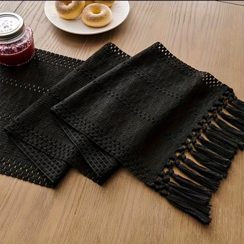 Image of 1pc 108 Inch Long Boho Style Tablecloth, Suitable For Home Decor Farmhouse Rustic Tablecloth, Black Fringed Tablecloth, With Fringe, Suitable For Boho Style Dining Room Bedroom, Commercial