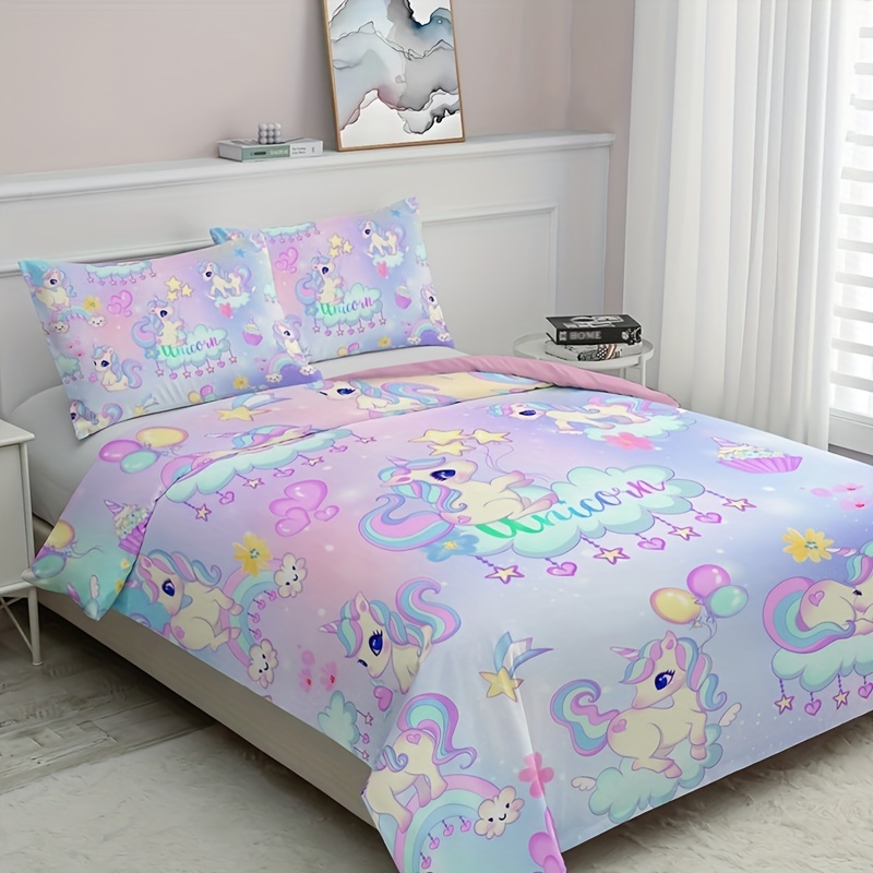 Conjunto de roupa de cama de unicórnio Kawaii tamanho Queen para