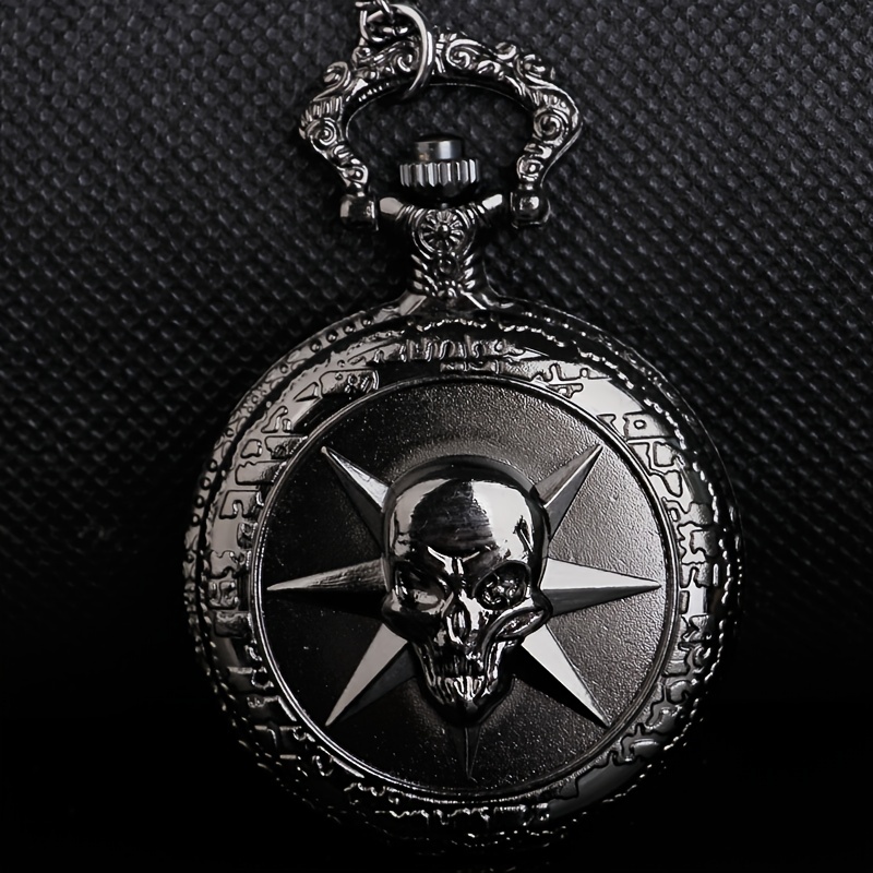 Black Quartz Pocket Chain Watch with Skull in Gothic Style