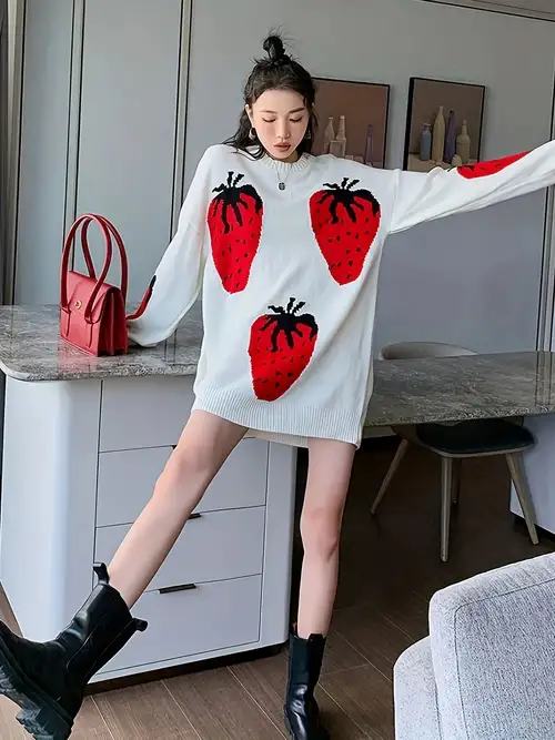 Women's Strawberry Print Crew Neck Crochet Knit Tops, Cute Fall Winter  Pullover Sweaters, Women's Clothing