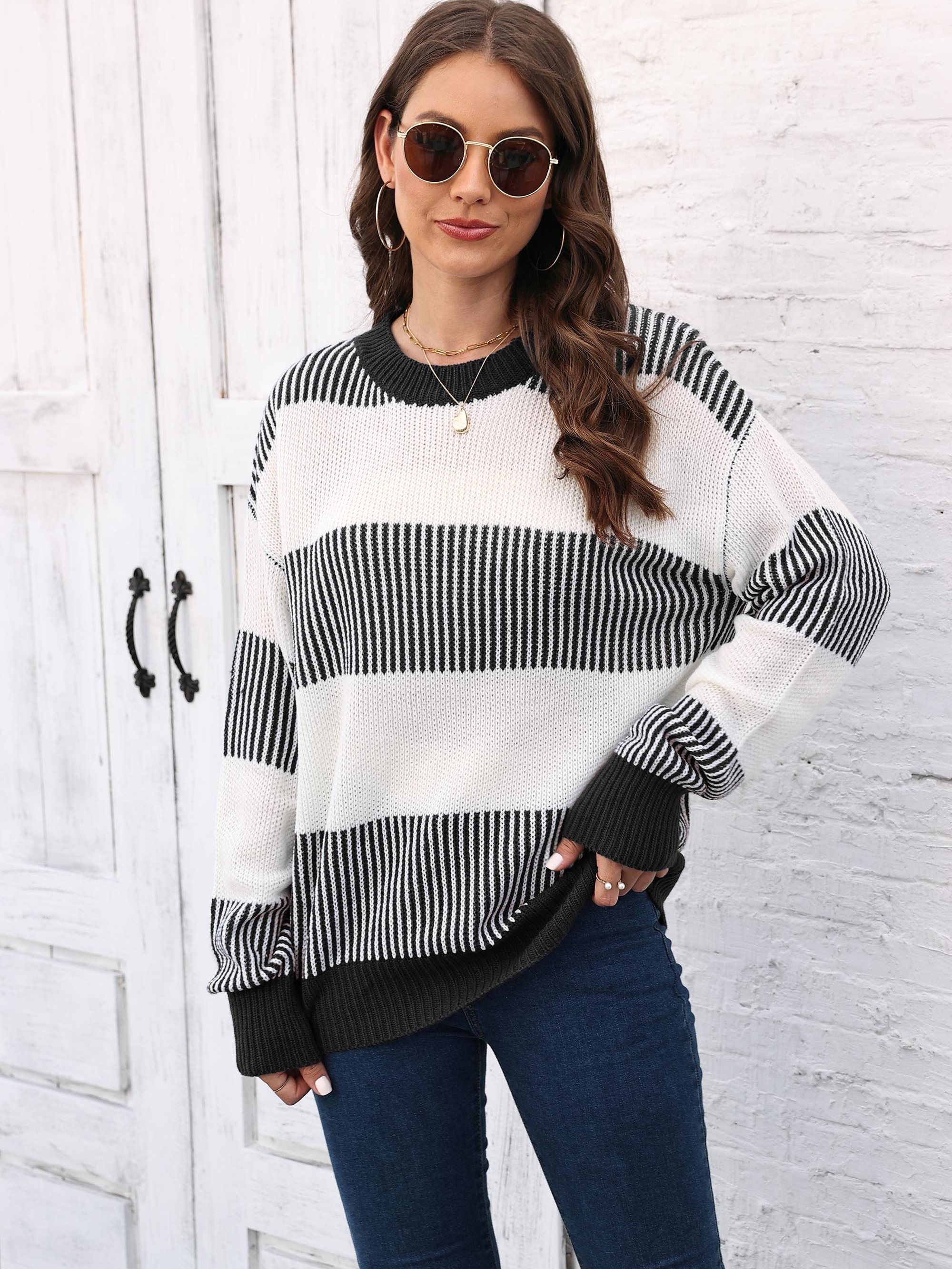 Women Striped Sweater Color Block Oversized Casual Crew Neck Knitted Long  Sleeve Pullover Tops, Blackwhite, One Size : : Clothing, Shoes &  Accessories