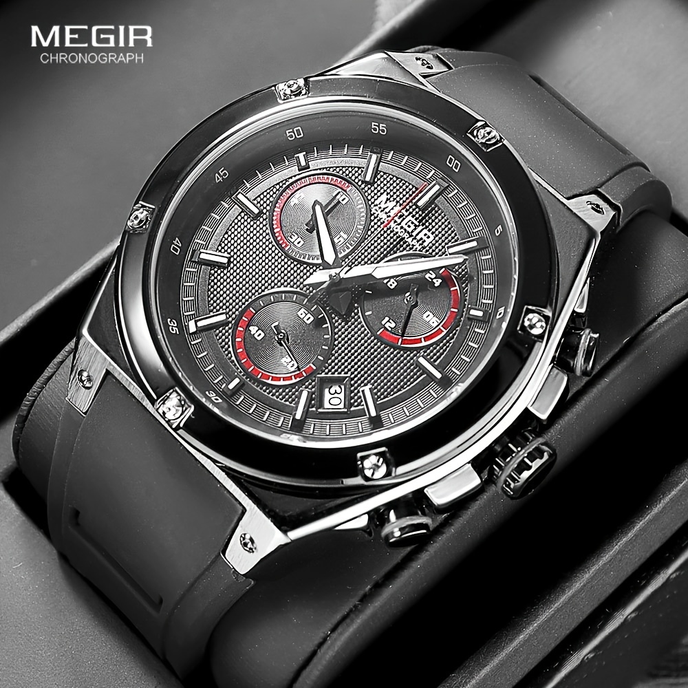 Megir Black Watches For Men Fashion Analog Chronograph - Temu