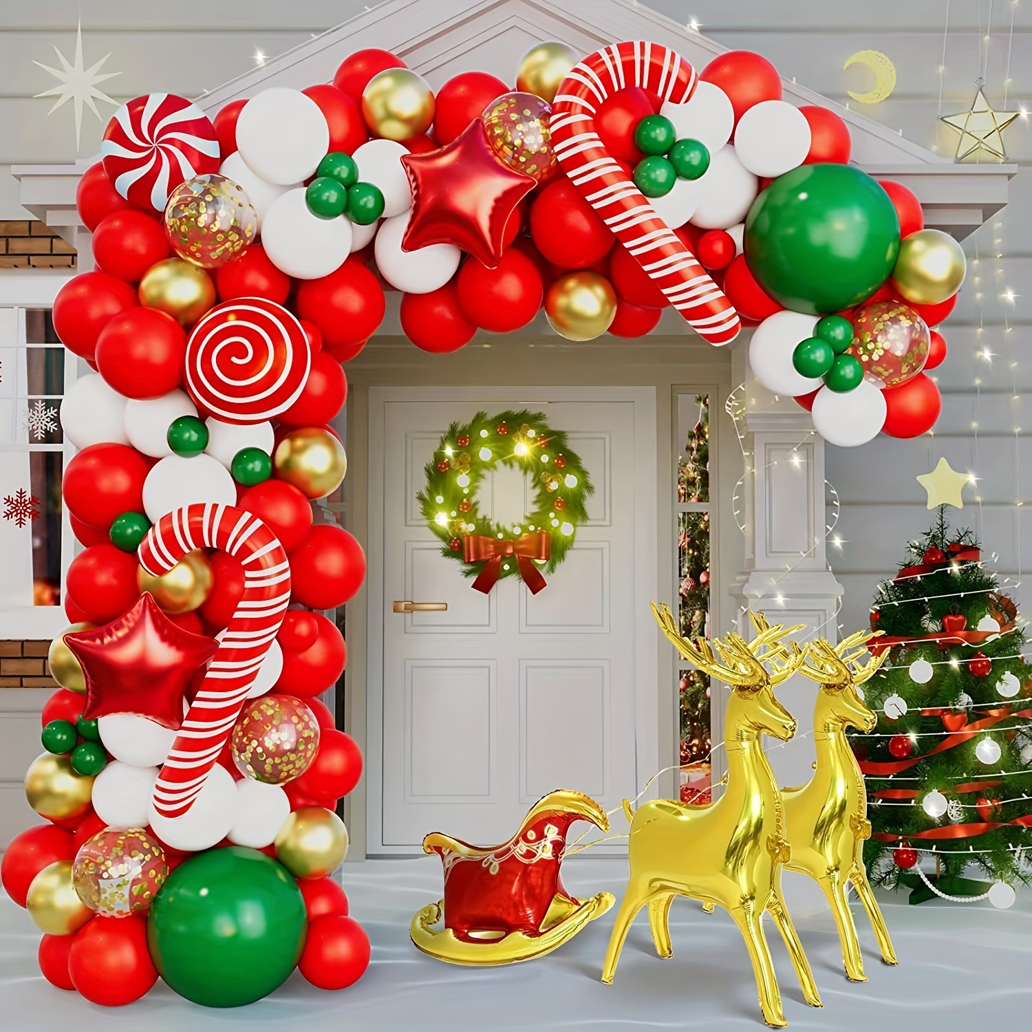 100pcs Noël Ballon Guirlande Arche Kit-Joyeux Noël Bannière,Père Noël et  Bonhomme de Neige Feuille vert Rouge Blanc Confettis Ballons Avec Bande de