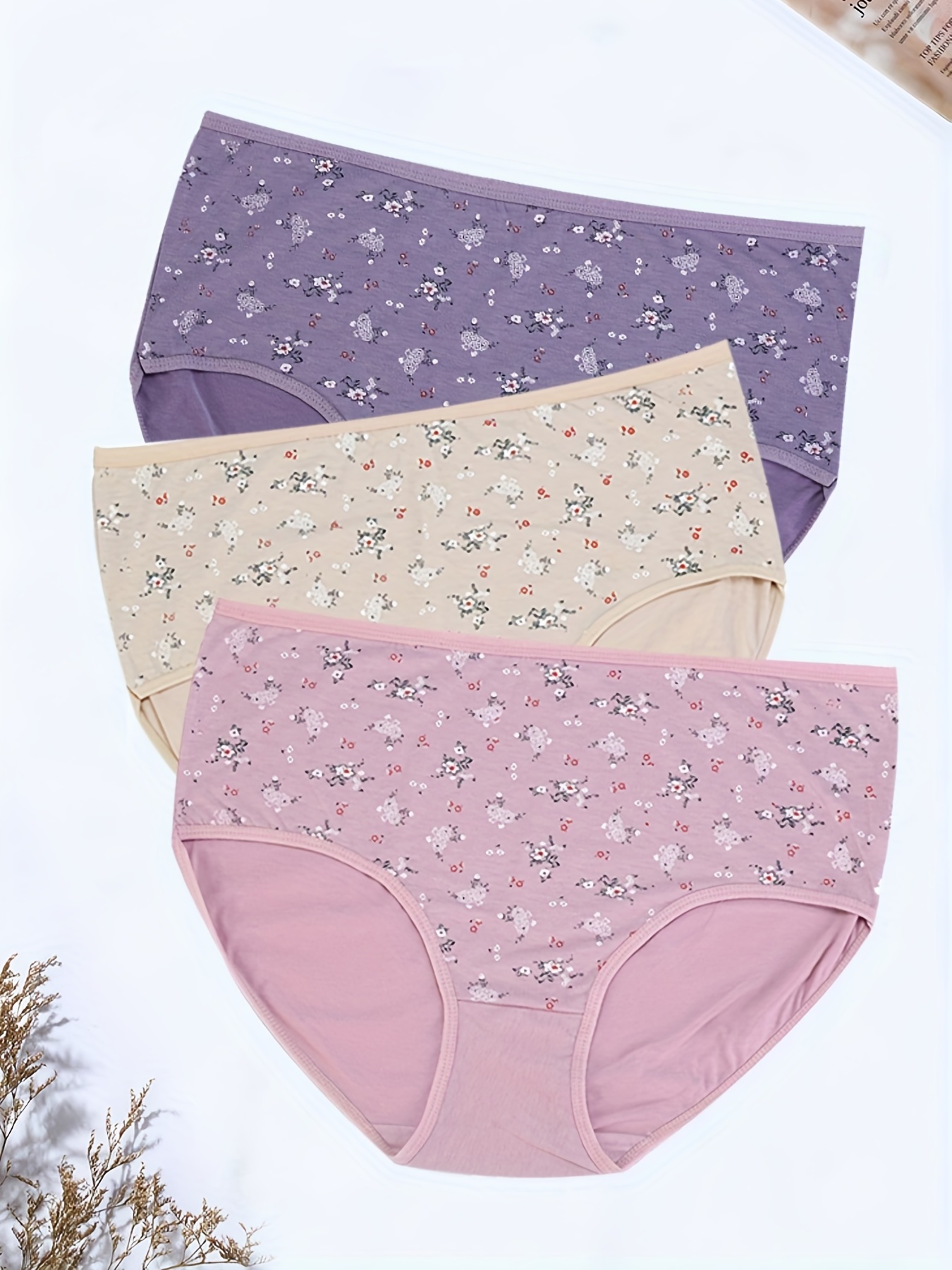 3 Pack Plus Size Elegant Underwear, Women's Plus Ditsy Floral Print * Waist  Medium Stretch Underwear Three Piece Set