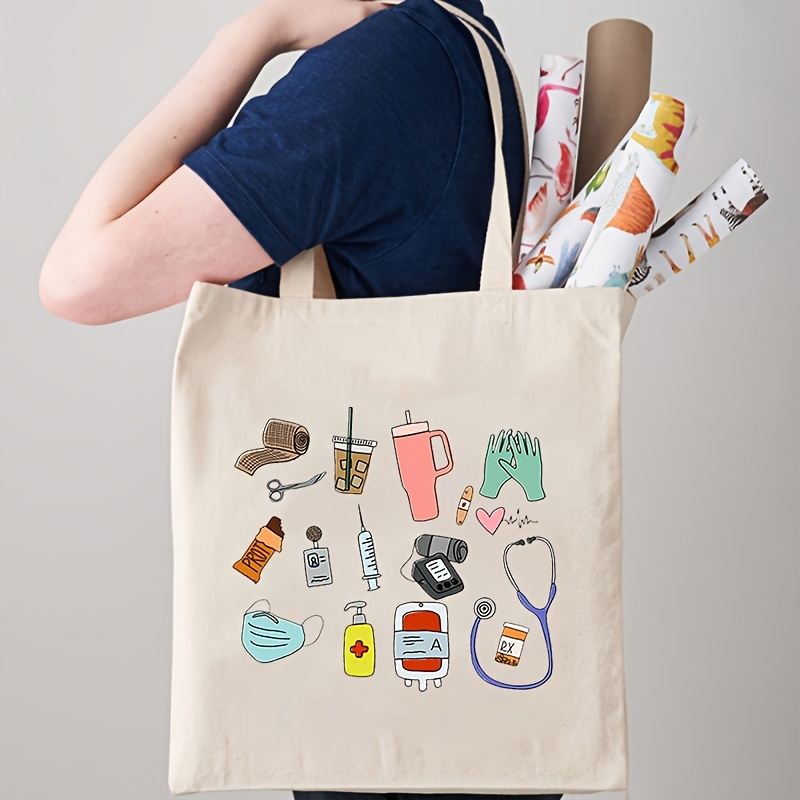 

1pc Nurse Pattern Tote Bag, Canvas Shoulder Bag For Travel Daily Commuting, Women's Reusable Shopping Bag, Best Gift For Xmas, Trendy Folding Shoulder Bag, Nursing School Gift