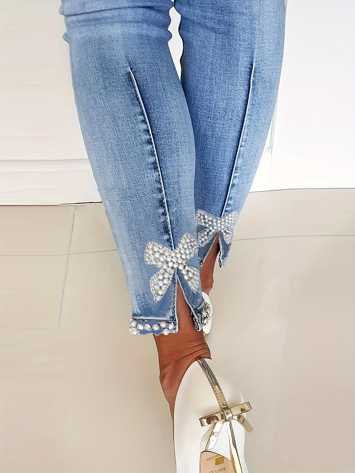 Blue Rhinestone Studded Straight Jeans Loose Fit Slant - Temu