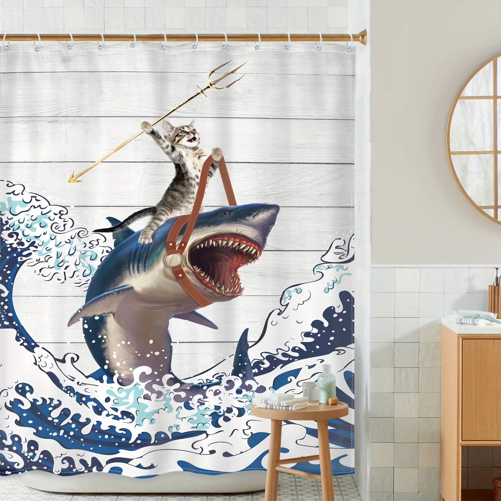 Funny Cat Riding Shark Shower Curtain Polyester Waterproof Temu