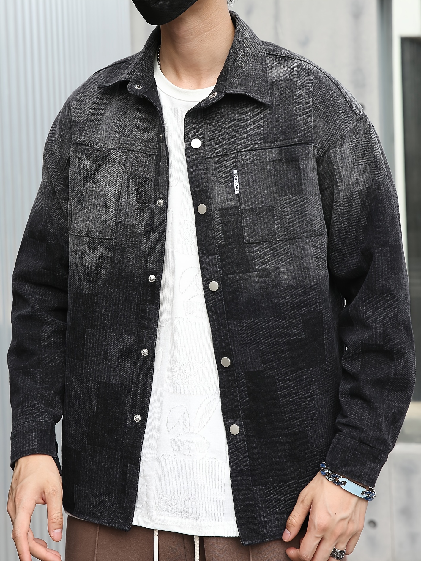 Men's Casual Printed Denim Jacket, Street Style Button Up Shirt Jacket
