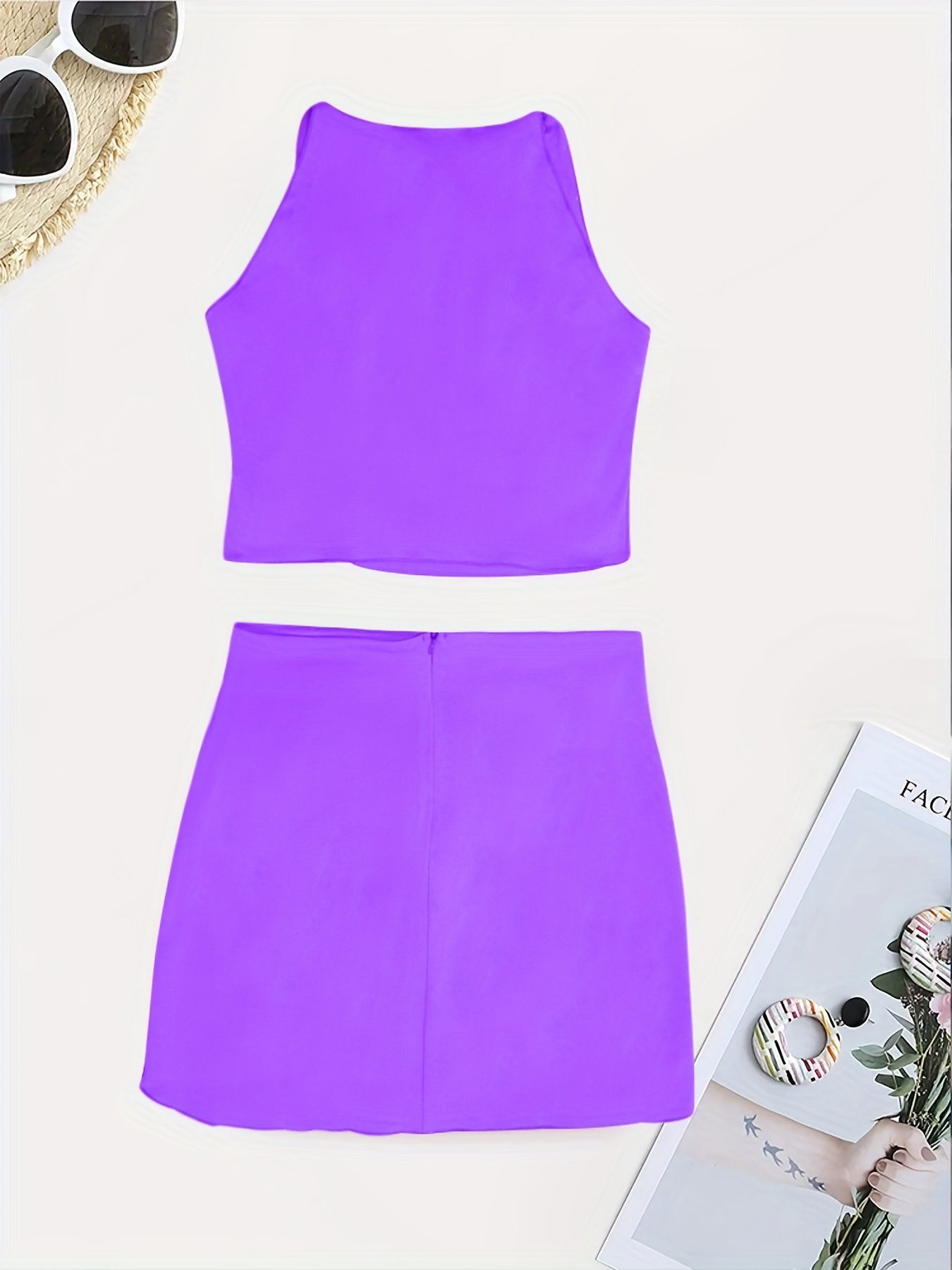 Beaded Block Crop Halter Top & Asymmetrical High Waist Skirt Set