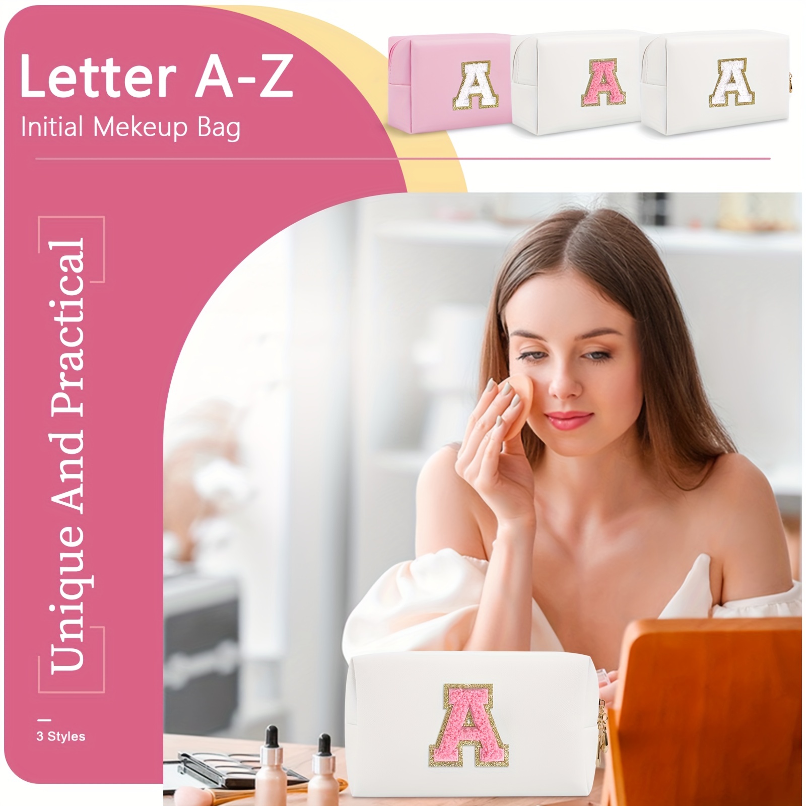 Initial Letter Patch Makeup Bag, Preppy Portable Chenille Letter