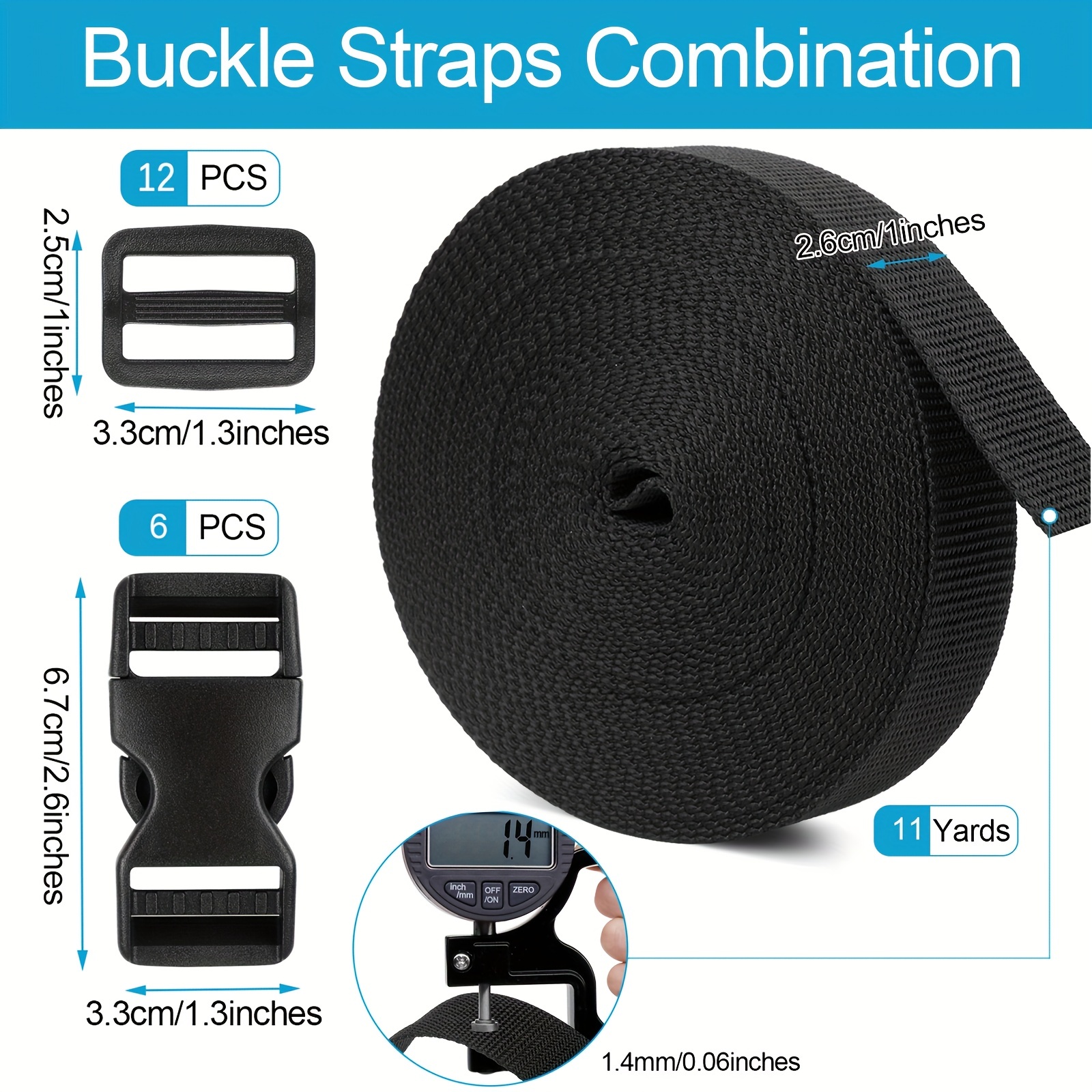 Black Nylon Webbing Strap + 10 PCS Adjustable Buckles 2 Inch Wide 10 Yards