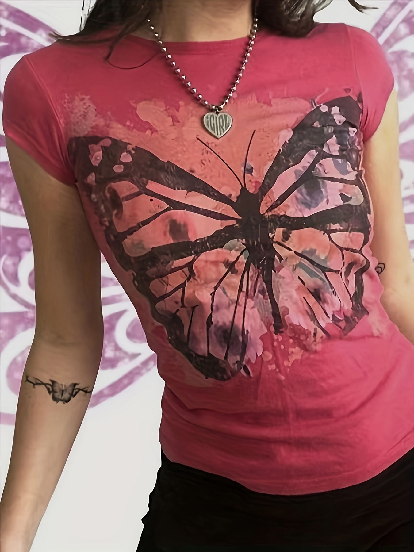 Y2k Butterfly Print Tee Crew Neck Cap Sleeve Slim T Shirt Temu