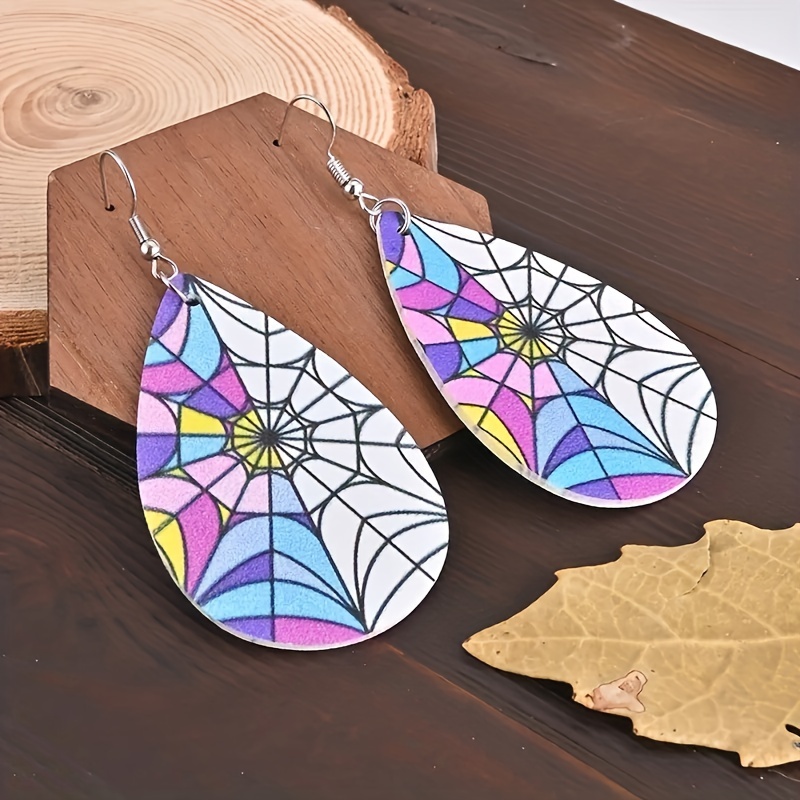 Multicolor Leather Spider Web Teardrop Earrings