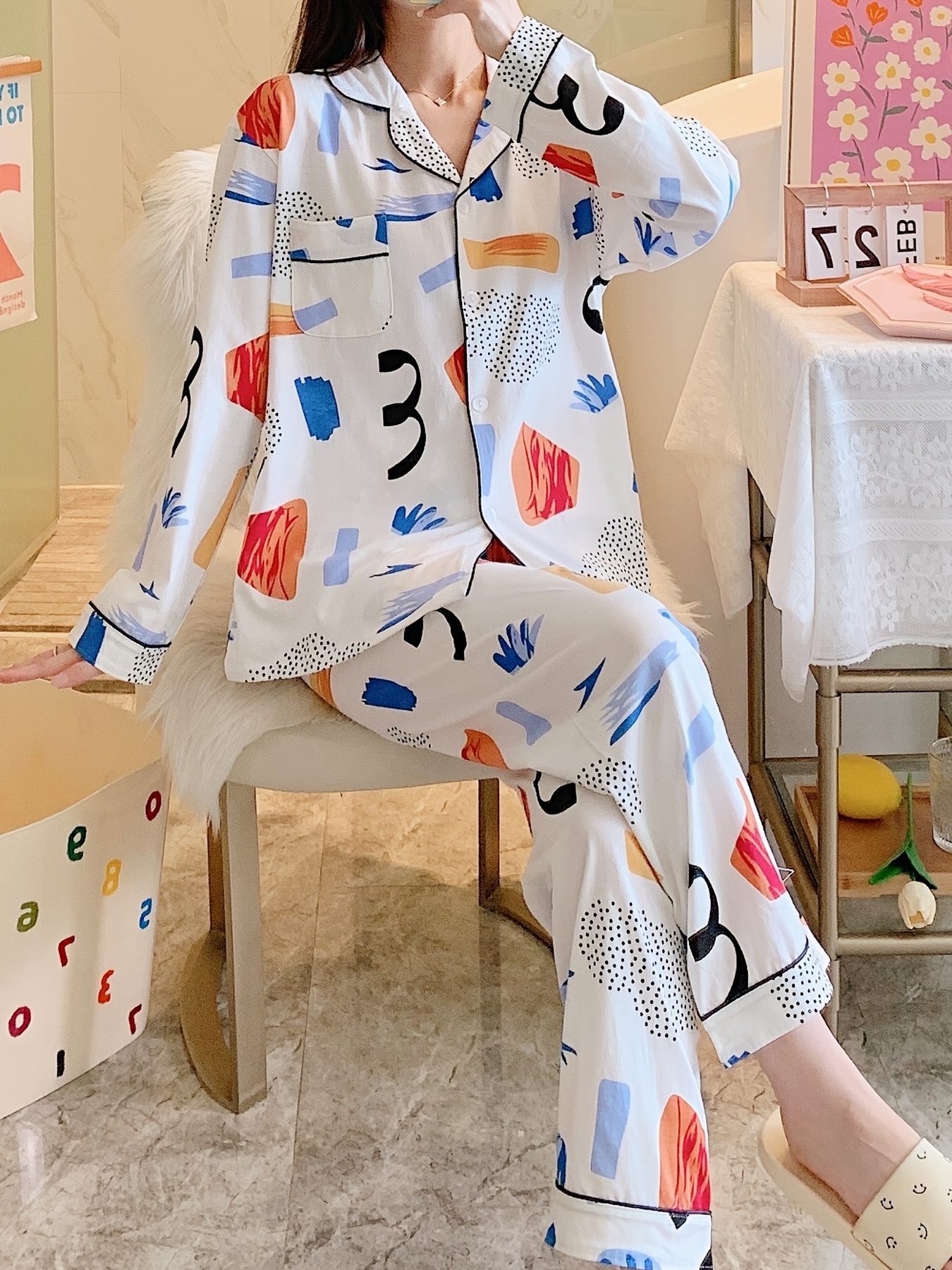 Cozy Funny Pattern Pajamas Long Sleeve Lapel Blouse Pajama - Temu