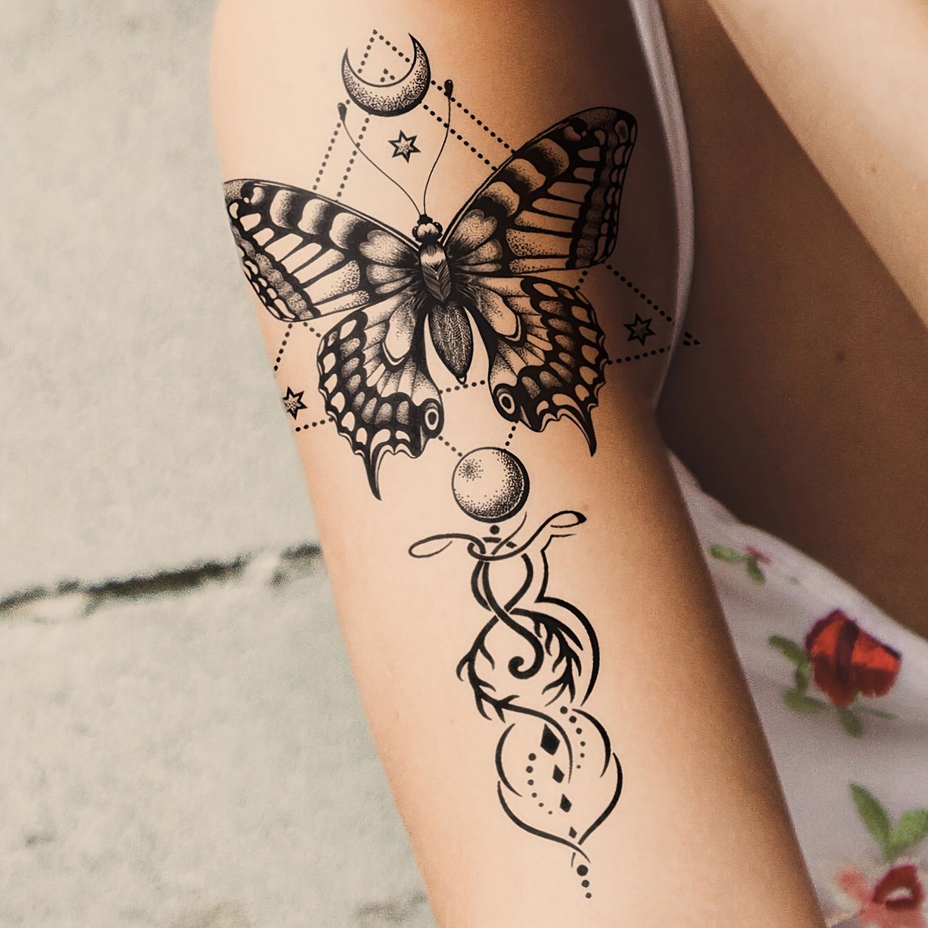 Butterfly Flower Geometric Pattern Large Flower Arm Tattoo Stickers Last 2  5 Days For Men And Women Waterproof Simulation Tattoo Stickers - Beauty &  Personal Care - Temu