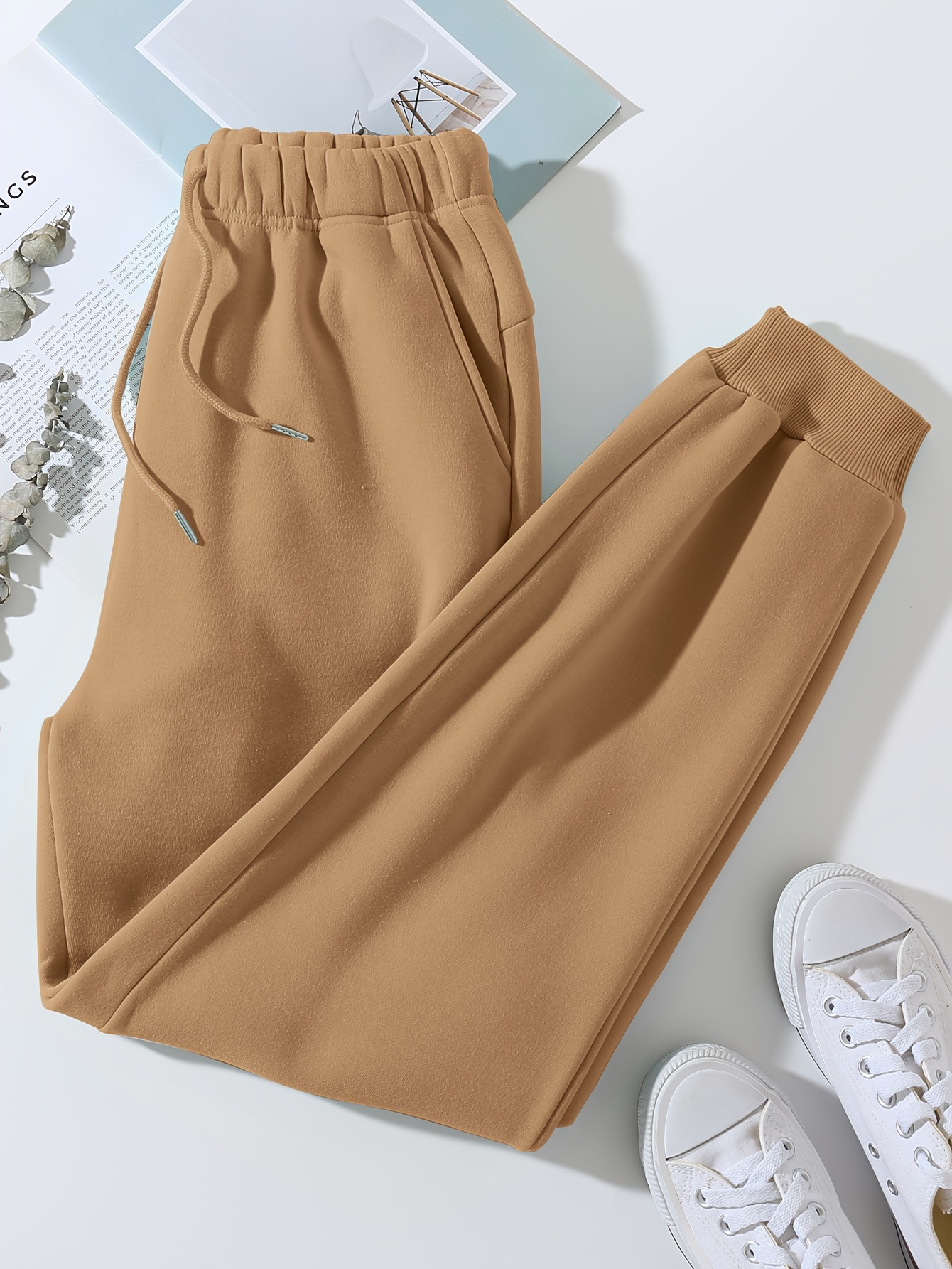 Women Casual Solid Color Sport Pants, Elastic Waist Ankle Cuff Loose  Sweatpants with Pocket 