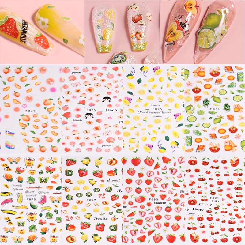 

8 Sheet Fruit Design Nail Art Stickers, Self Adhesive Cherry Peach Strawberry Design Nail Art Decals For Nail Art Decoration, Nail Art Supplies For Women And Girls