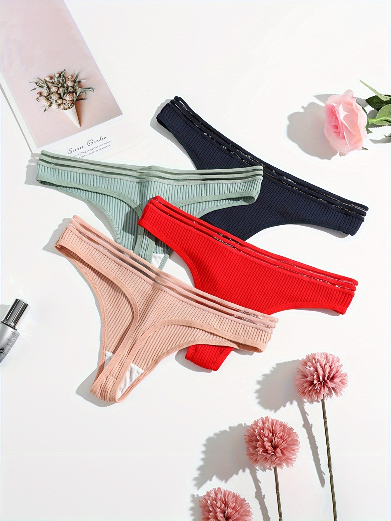 Thong For Women Cotton Underwear Low Rise Panties Woman G-string Thongs, 4  Pcs